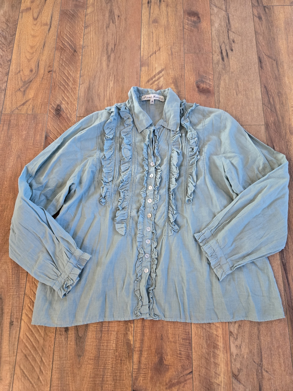 Soft Green Ruffle-Front Button Down Shirt - Women's Top